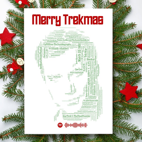 Merry Trekmas Spotify Card William Shatner Trekky Trekie Word Art Greeting Card Xmas Slang Typography Merry Festive Gift for Her for Him