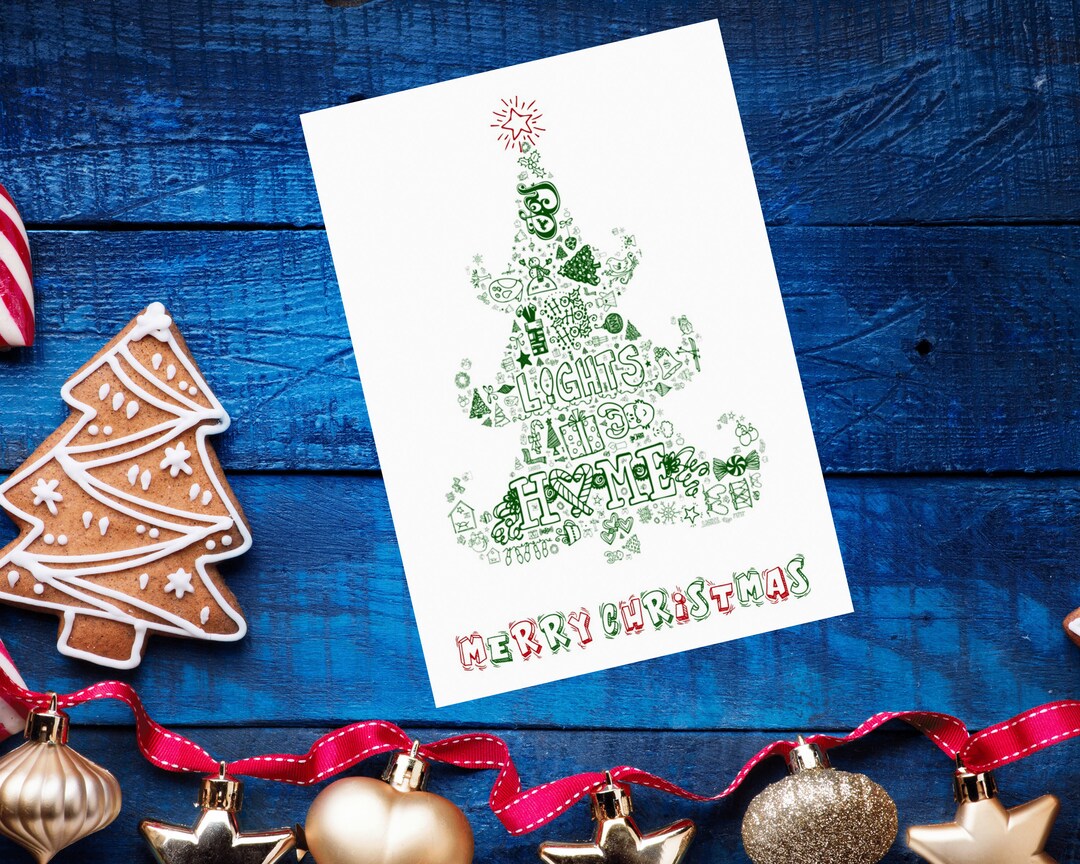 Green Cartoon Christmas Tree Word Art Greeting Card Xmas Slang Etsy