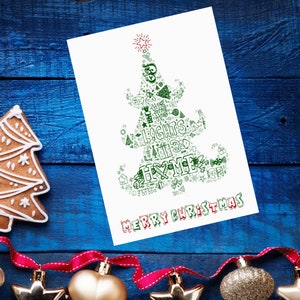 Tarjeta de felicitación con dibujo de árbol de Navidad verde, arte de palabras, jerga navideña, tipografía, felices fiestas, feliz Navidad, regalo festivo para sus recuerdos