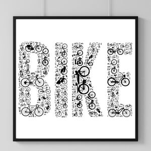 Bike Word Art, Typography Cycling Art 2 Versions, Motivation Poster, Home Decor, Bike, Secret Santa, Kris Kindle, Poster Print, Wall Art