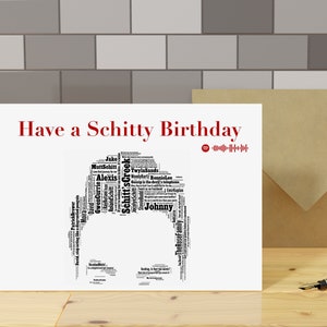 Tarjeta de felicitación con texto en inglés "Schitts Creek Birthday Spotify Option" con texto en inglés "Schitts Creek Word Art" y tipografía, regalo para ella y para él