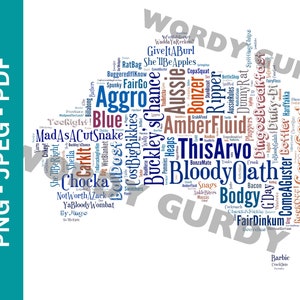 Australische Slang kaart digitale download print thuis Word Cloud Art, grappige Australië zinnen poster persoon die alles heeft, typografie