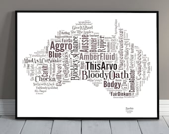 Australian Slang Map Word Cloud Art, FREE GIFT! Funny Australia Phrases Poster Print for the Person who has Everything, Typography