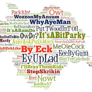 Argot du Yorkshire carte Word Art expressions du Nord drôles 12 x 12 affiche impression personne qui a tout typographie Angleterre Royaume-Uni Grande-Bretagne cadeau art mural