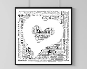 Heart Manifestation Poster Print, Word Art, Typography, Gift, Present, Spiritual, Positivity, Affirmation, Law of Attraction, Universe, Love