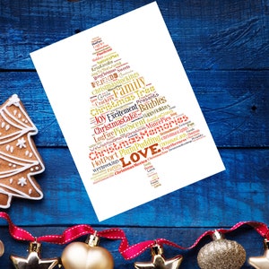Tarjeta de felicitación con texto en inglés "Árbol de Navidad", tipografía con jerga navideña, felices fiestas, feliz Navidad, regalo festivo para ella, recuerdos