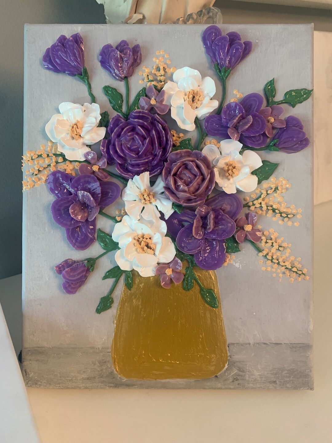 Floral Bouquet Thick Art Painting, Purple Gold Wall Art, Peony