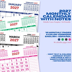 Puede incluir: Una plantilla de calendario mensual 2027 con notas, que incluye páginas imprimibles A4 en cuatro versiones de color. El diseño contiene 12 páginas mensuales en inglés y español, con inicio en lunes, vistas previas de meses y sección de notas.
