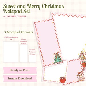 Puede incluir: Un set de blocs de notas Sweet and Merry Christmas con 10 diseños sin líneas en 3 formatos: 5 hojas A4, 2 blocs largos de 9x20cm y 3 blocs cuadrados de 9x9cm. La papelería incluye fondos rosas, bordes ondulados rojos y gráficos navideños.