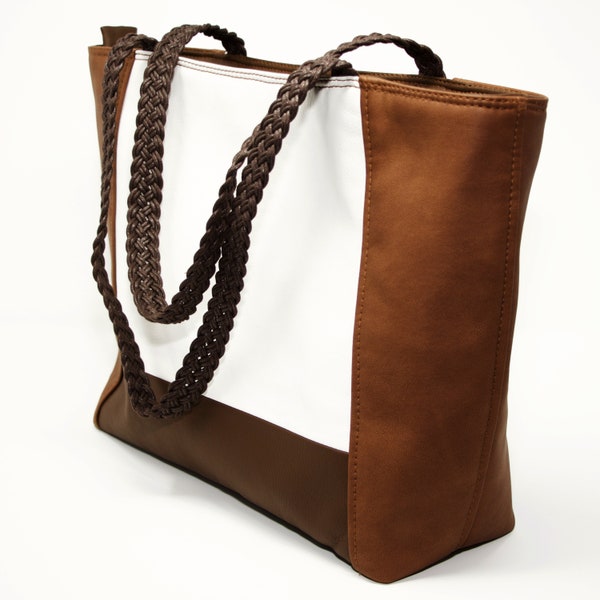 Shopper, tote bag, cabas, marron & blanc