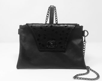 Clutch aus echtem Leder, schwarz, kleine Tasche