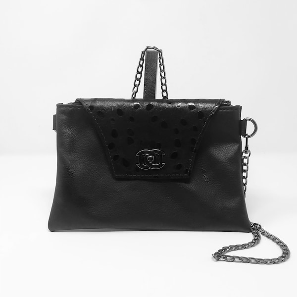 Clutch aus echtem Leder, schwarz, kleine Tasche