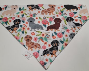 Dachshund and Flowers Dog Bandana * Weiner Dog * Handcrafted Pet Friendly * Over the Collar Design * Reversible * Cotton * Unique & Funky