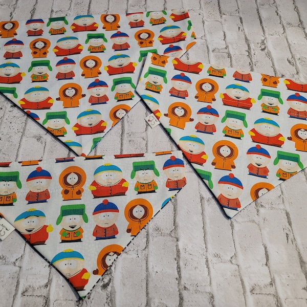 SOUTH PARK TV Characters Cartman Kenny  Dog Bandana * Handcrafted Pet Friendly * Over the Collar Design * Reversible Cotton * Unique & Funky