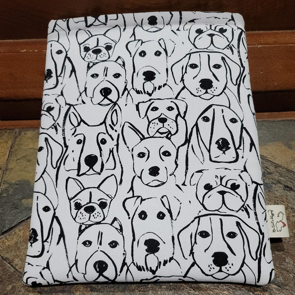 BOOK SLEEVE Unique & Funky Fabrics Black and White Dogs Padded Fully Lined Kindle Tablet E-Reader IPAD and More