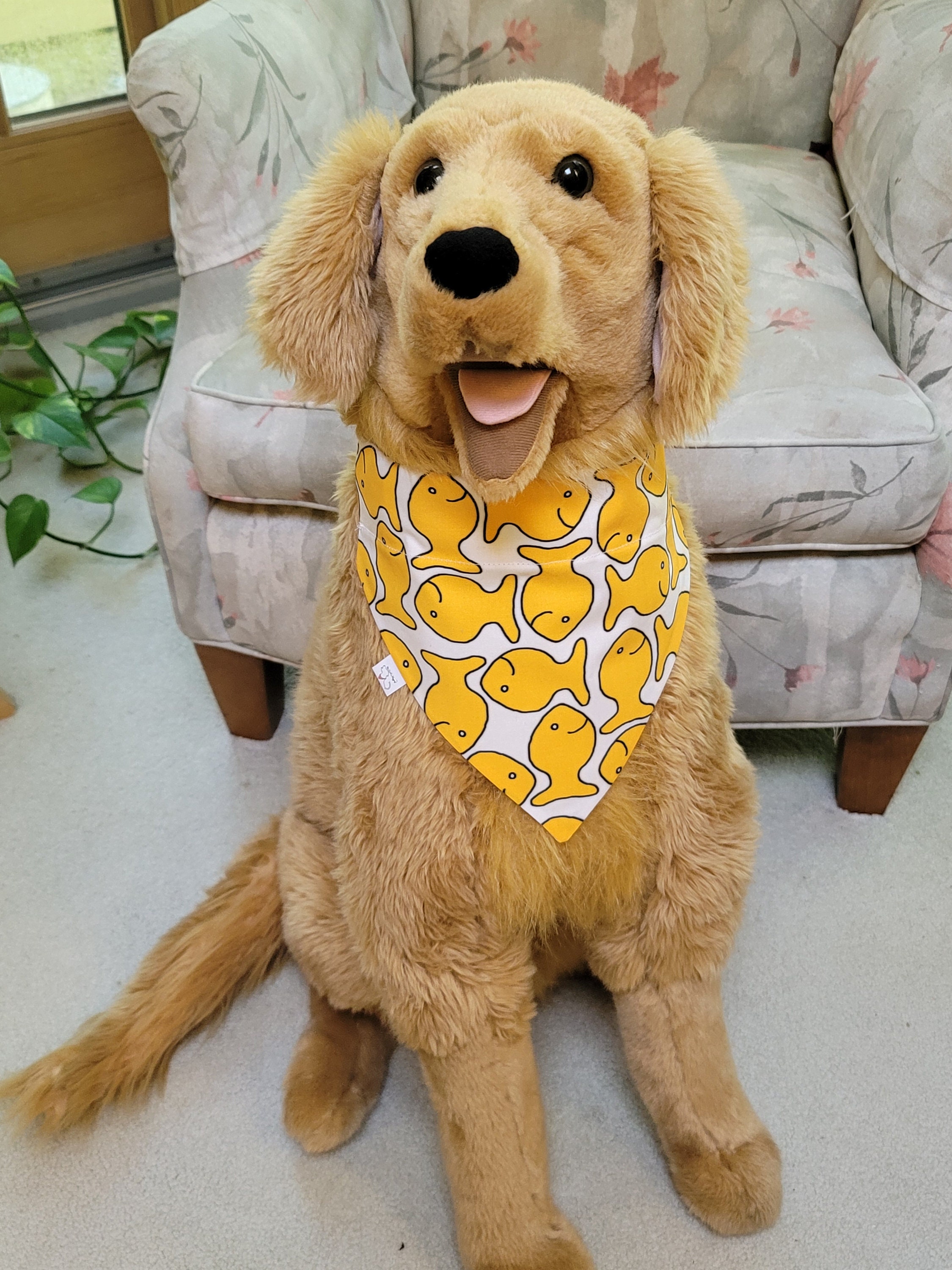 GOLDFISH Crackers Dog Bandana * White and Gold Handcrafted Pet Friendly * Over the Collar Design * Reversible * Cotton * Unique & Funky
