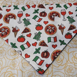 ITALIAN Foods DOG BANDANA Flags Pizza Wine Grapes Hearts Italy Handcrafted Pet Friendly Over the Collar Design Reversible Cotton * Unique