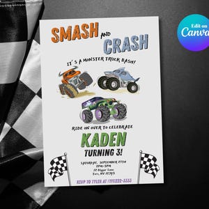 Monster Jam Smash & Crash Birthday Invitation TEMPLATE