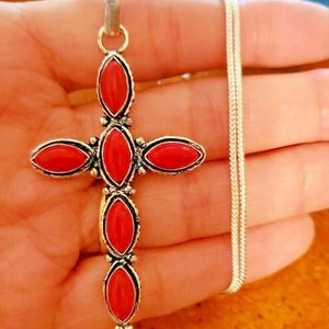 Coral Gemstone CROSS Pendant 925 Sterling Silver Necklace 18&quot; Religious #CR34