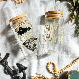 Navy Chief Glass Can w/Lid, Navy Cup, Navy Chief Gift, Chief Season, Navy Chief Navy Pride, Navy Stickers, Navy Retired, USN, Navy Grad