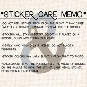 May include: A beige sticker care memo with black text and a blue anchor graphic. The text provides instructions on sticker care, including how to wash and apply the stickers. The text reads "STICKER CARE MEMO".
