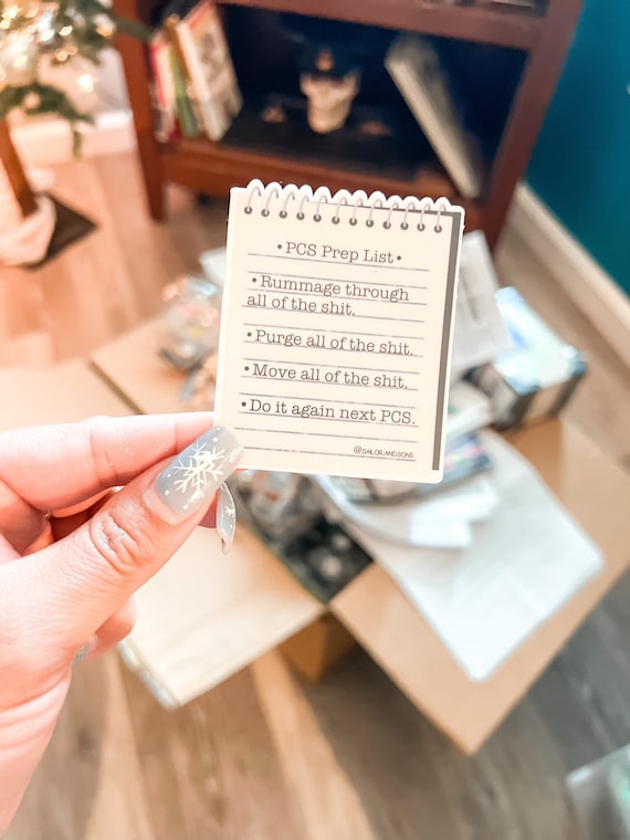 PCS Prep List Sticker: Military Spouse Humor (3x2.25 inch)