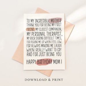 Printable birthday card for best mom, happy birthday mom from daughter, digital birthday card for mom, mother birthday greetings,