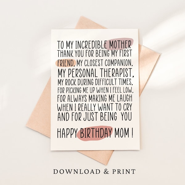 Printable birthday card for best mom, happy birthday mom from daughter, digital birthday card for mom, mother birthday greetings,