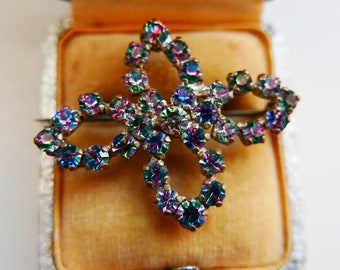 Rare Vintage brooch RAINBOW IRIS crystal brooch, Cross-shaped brooch. Ideal Christmas gift. Iris Rainbow stoned brooch, 1930s. 'C' clasp.
