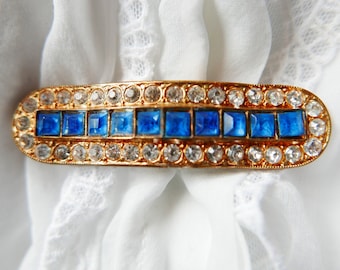 SOMETHING BLUE - Stunning Art Deco Brooch. Blue and clear stone bar brooch for Bride or Groom. Something old, Blue Brooch. Quirky wedding.