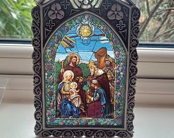 A Saviour is Born, Bradford Exchange stained glass numbered collectable Nativity image. Vibrant stained glass, Holy Family image, Ltd Edit.