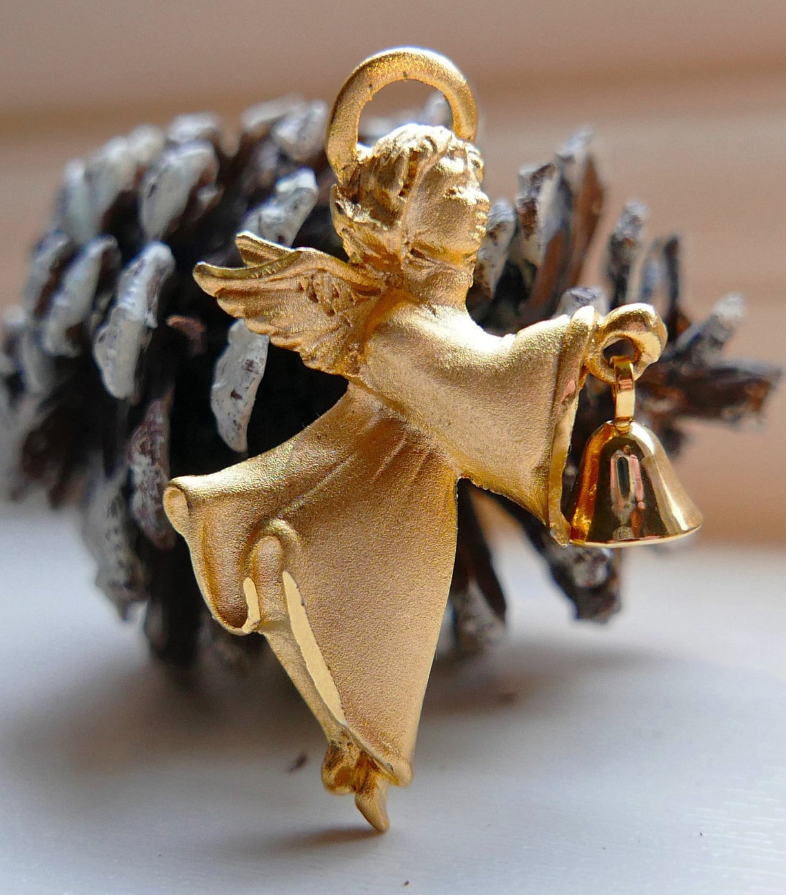 Signed brushed goldtone Angel brooch or pendant with shiny Etsy
