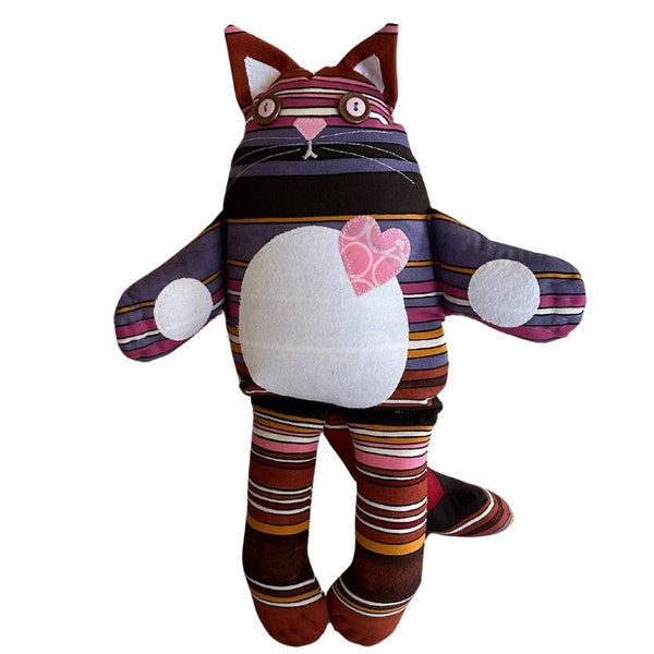 Cotton handmade cat doll in striped fabric