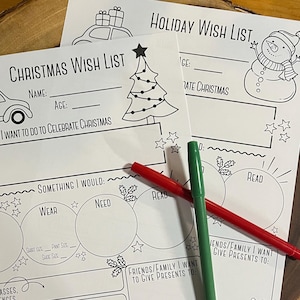 Lista de deseos para niños: Navidad y festividades - Descarga digital - Página para colorear favorita - Lista de deseos de Papá Noel secreto - Todo sobre mí - Lista de verificación para niños