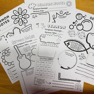 May include: A collection of black and white sermon notes pages with various designs. The pages include spaces for scripture passages, sermon titles, and notes. Some pages feature illustrations like a guitar, fish, and a flower with religious words.