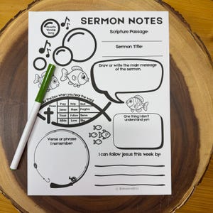 May include: A white Sermon Notes sheet with black text and illustrations, including musical notes, fish, and bubbles. A green and white marker rests on the page. The sheet includes prompts for scripture, sermon title, and main message.