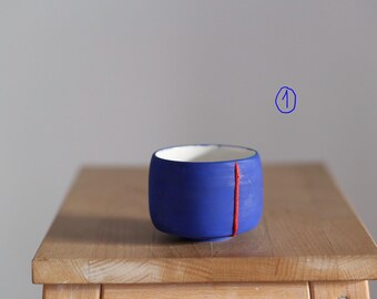 Handmade Ceramic Cup – Modern Blue Pottery with Red Detail, Sculptural Coffee Mug