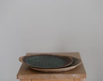 Handmade Stoneware Plate Set (2 pieces), Organic Textured Serving Dishes, Modern Sculptural Tableware