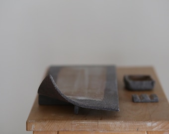 Handmade Ceramic Sushi Set, Minimal Stoneware Serving Dish with Sauce Bowl