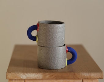 Handmade Stoneware Mug – Modern Ceramic Cup with Colorful Handle