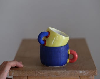 Handmade Stoneware Espresso Cup, Colorful Contrasting Handle Mug