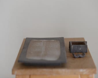 Handmade Ceramic Sushi Set, Minimal Stoneware Serving Dish with Sauce Bowl