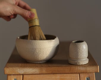 Handmade Stoneware Matcha Set – Japanese Tea Ceremony Bowl, Whisk Holder