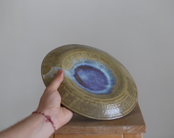 Handmade Ceramic Plate – Blue Center Stoneware Serving Dish, Artistic Plating Bowl
