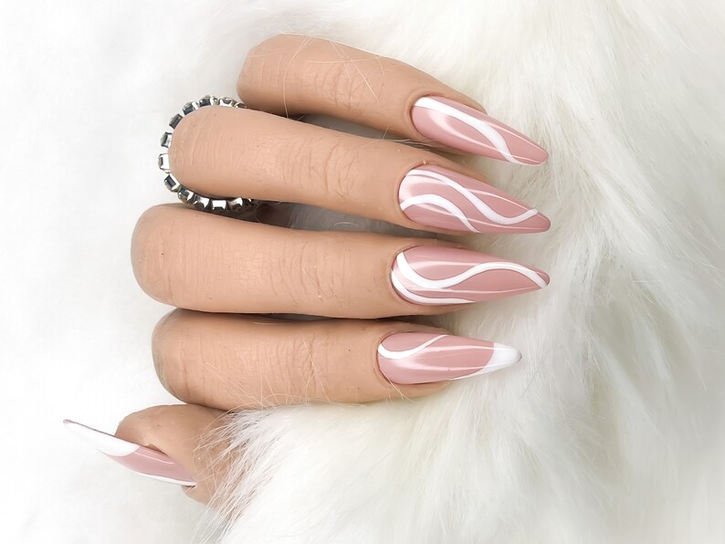 TWIRL White Swirl Design on Glossy Nude Press On Nails image 2