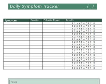 May include: A printable daily symptom tracker with columns for symptom, duration, potential trigger, and severity. The severity column has a scale of 1 to 10. There is a notes section at the bottom of the page.