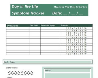 May include: A printable symptom tracker with a green and white color scheme. The tracker includes sections for symptom, duration, potential trigger, severity, water intake, mood, pain score, meals, and notes. The tracker is designed to help people track their symptoms and self-care.