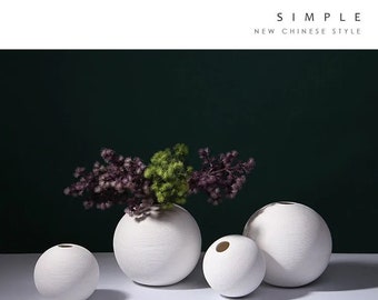 White ball shape flower vase ceramic pot artifical flowers holder home office entrance shelf decoration round 13 & 18cm