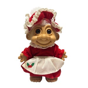 Vintage Russ Mrs. Claus Christmas Troll Doll In Red Dress & Bonnet 8&quot; 80s 90s