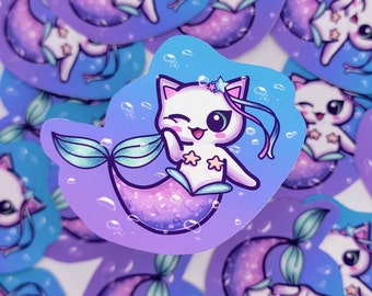 Mermaid Cat Sticker, Summer Stickers, Water Bottle Stickers, Cute Kawaii Cat Stickers, Laptop Decals, Cat Lover Gifts, Beach Stickers